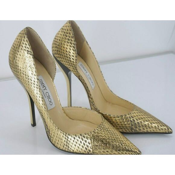 Jimmy Choo WIllis Gold Snake Half d'Orsay Pointy Pumps High Heels - Picture 6 of 12